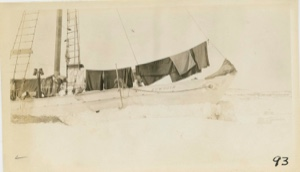 Image of Bowdoin bow - in winter quarters with blankets airing